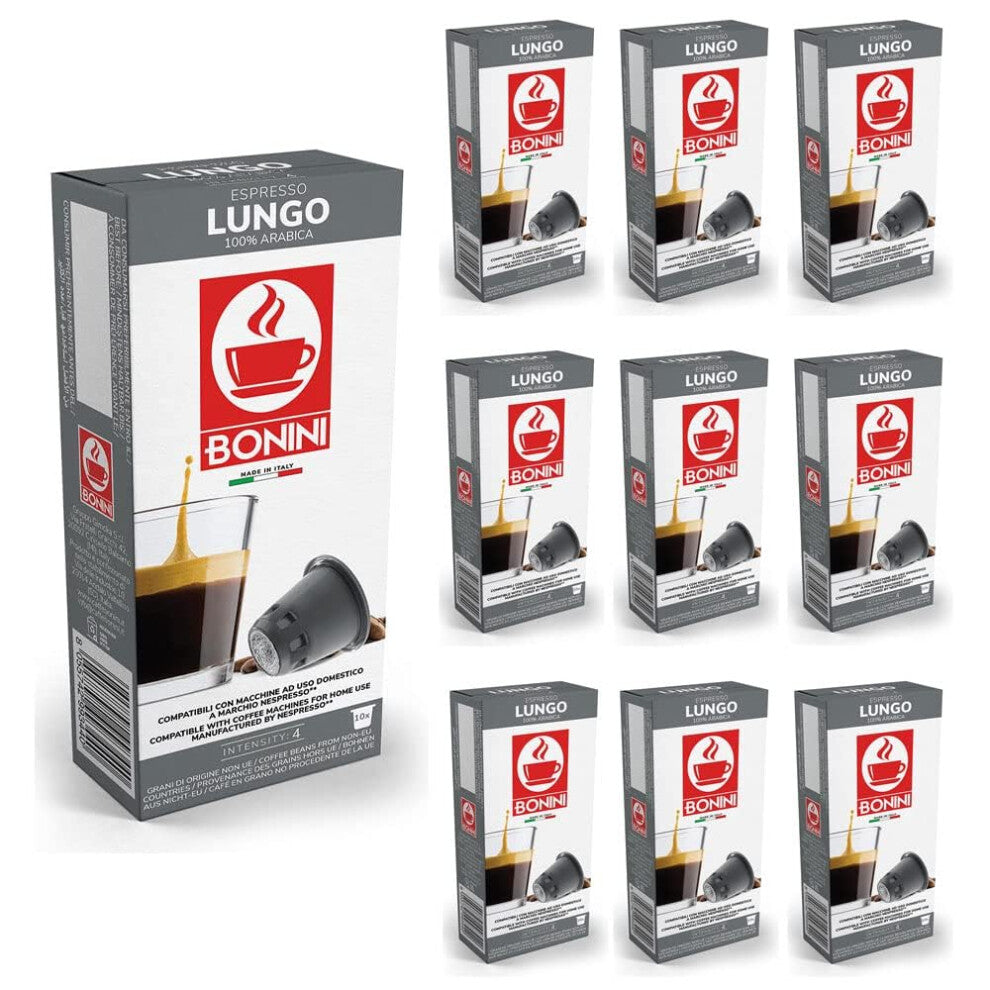 Bonini LUNGO 100% Italian Coffee Pods (Pack of 10, Total 100 Capsules)