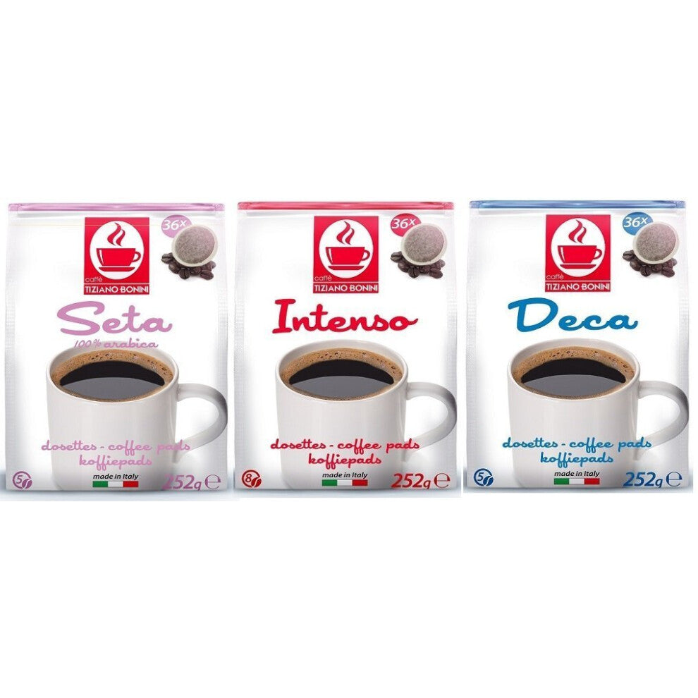 Bonini Coffee Pads for Senseo - Variety Pack 3 x 36 Pods (108 Pods, 756g)