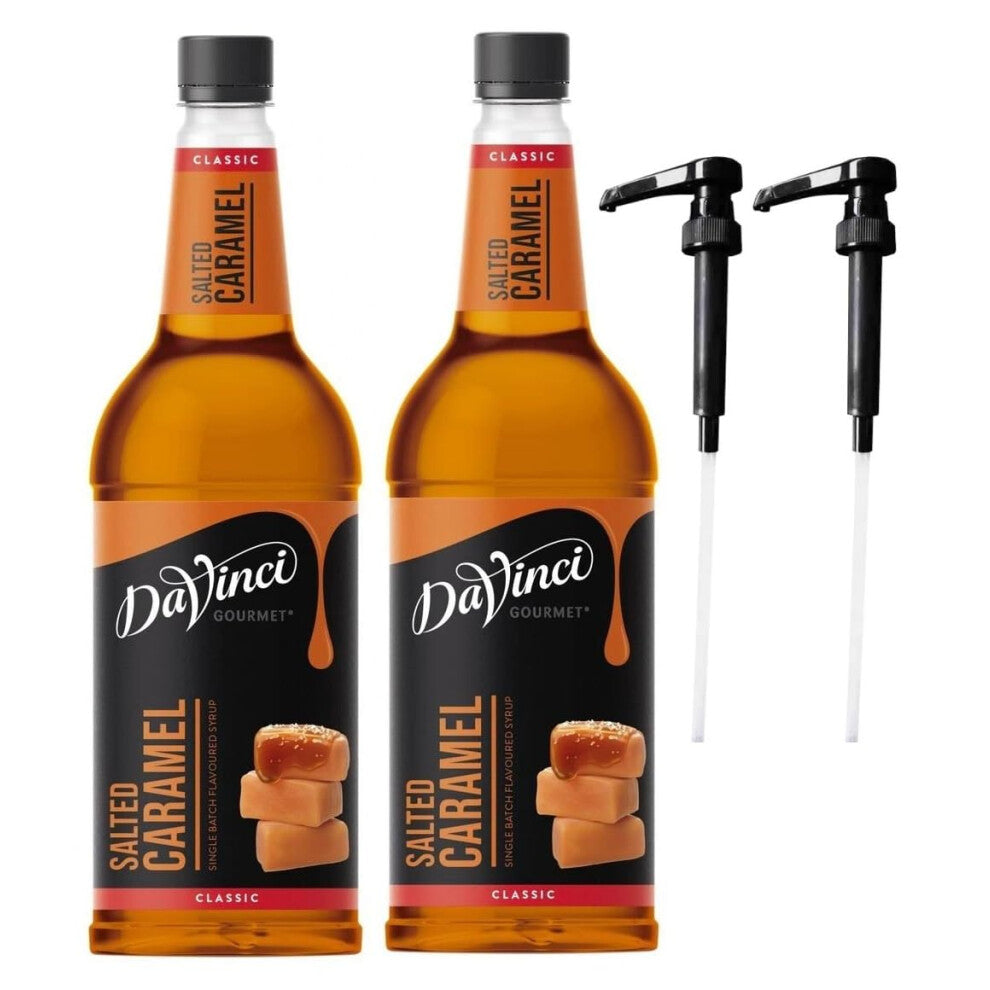DaVinci Salted Caramel 1L (1000ML) Syrup for Coffee & Drinks with Pumps. (Pack of 2 Bottles With 2 Pumps)