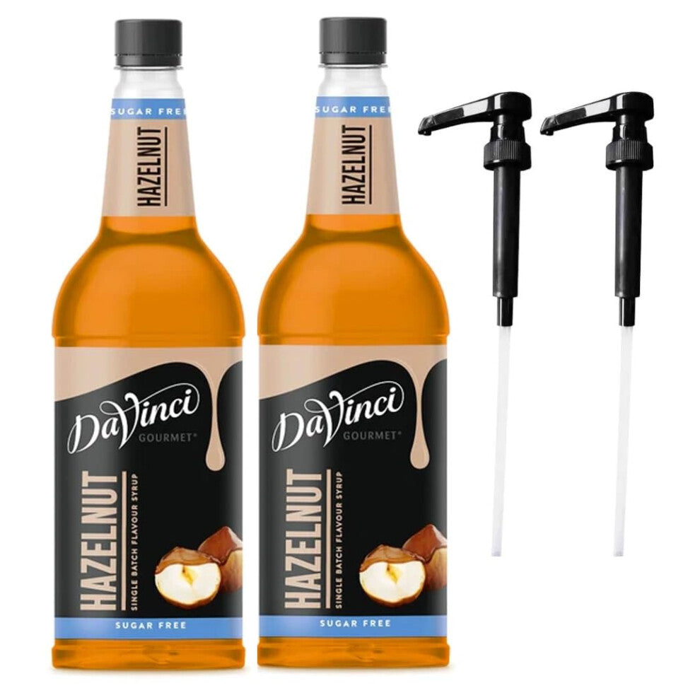 DaVinci SUGAR FREE Hazelnut 1L (1000ML) Syrup for Coffee & Drinks with Pumps. (Pack of 2 Bottles With 2 Pumps)