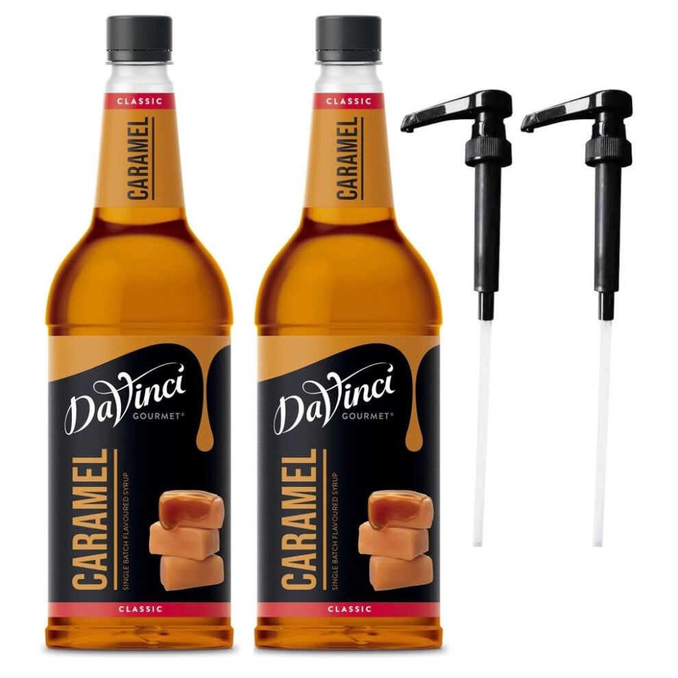 DaVinci Caramel 1L (1000ML) Syrup for Coffee & Drinks with Pumps. (Pack of 2 Bottles With 2 Pumps)