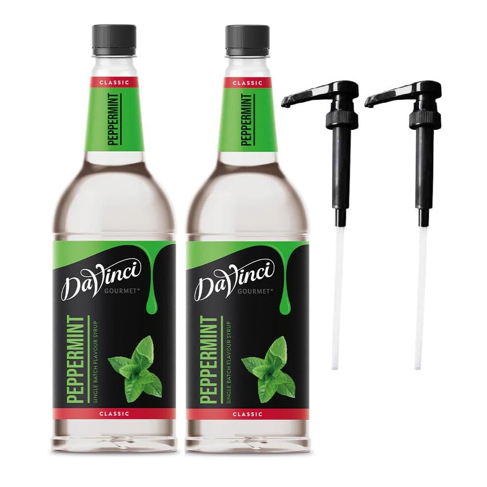 DaVinci Peppermint 1L (1000ML) Syrup for Coffee & Drinks with Pumps. (Pack of 2 Bottles With 2 Pumps)