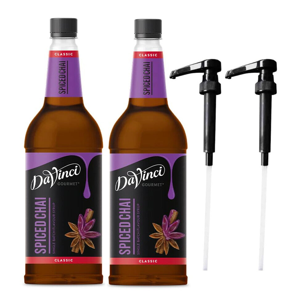 DaVinci Spiced Chai 1L (1000ML) Syrup for Coffee & Drinks with Pumps. (Pack of 2 Bottles With 2 Pumps)