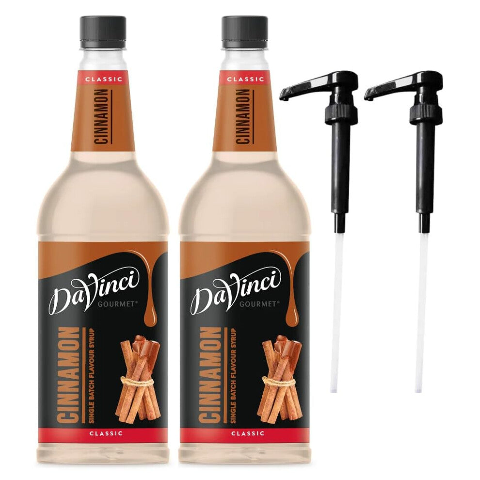 DaVinci Cinnamon 1L (1000ML) Syrup for Coffee & Drinks with Pumps. (Pack of 2 Bottles With 2 Pumps)