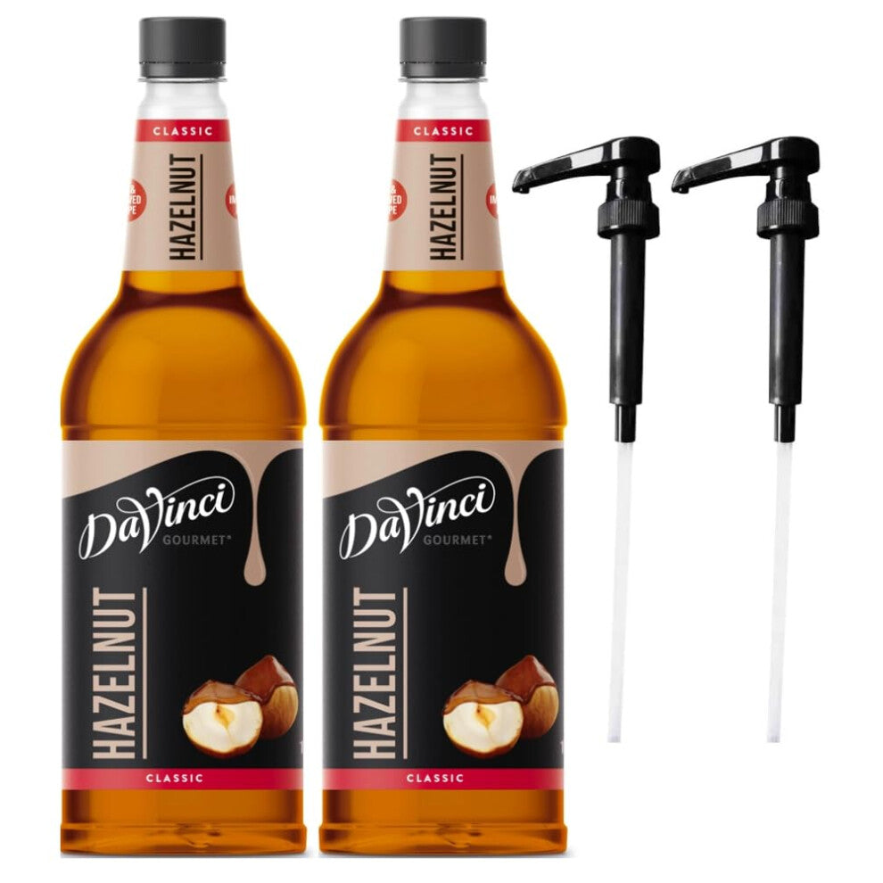 DaVinci Hazelnut 1L (1000ML) Syrup for Coffee & Drinks with Pumps. (Pack of 2 Bottles With 2 Pumps)