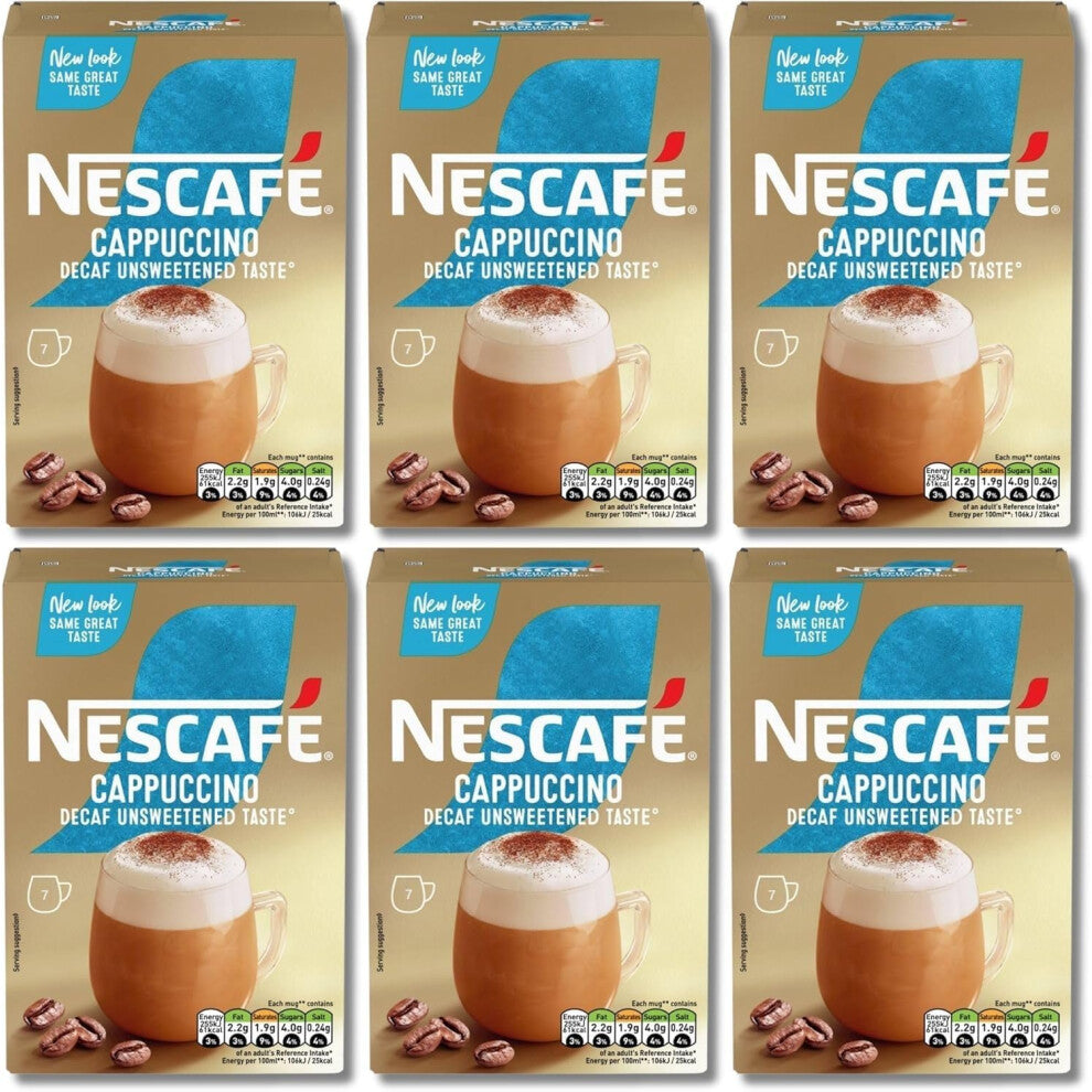 NESCAFÉ Cappuccino Decaffeinated Unsweetened Coffee Sachets x7 (Pack of 6, Total 42 Decaf Sachets)