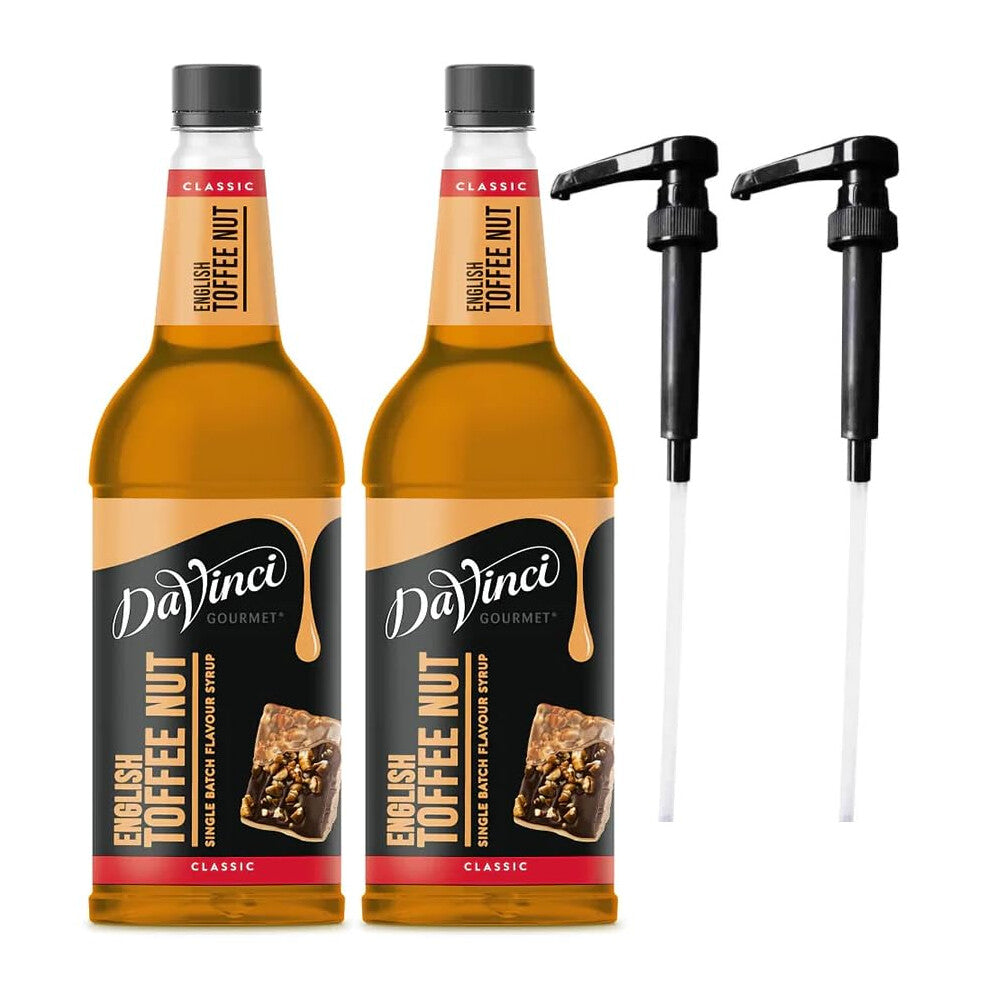 DaVinci English Toffeenut 1L (1000ML) Syrup for Coffee & Drinks with Pumps. (Pack of 2 Bottles With 2 Pumps)