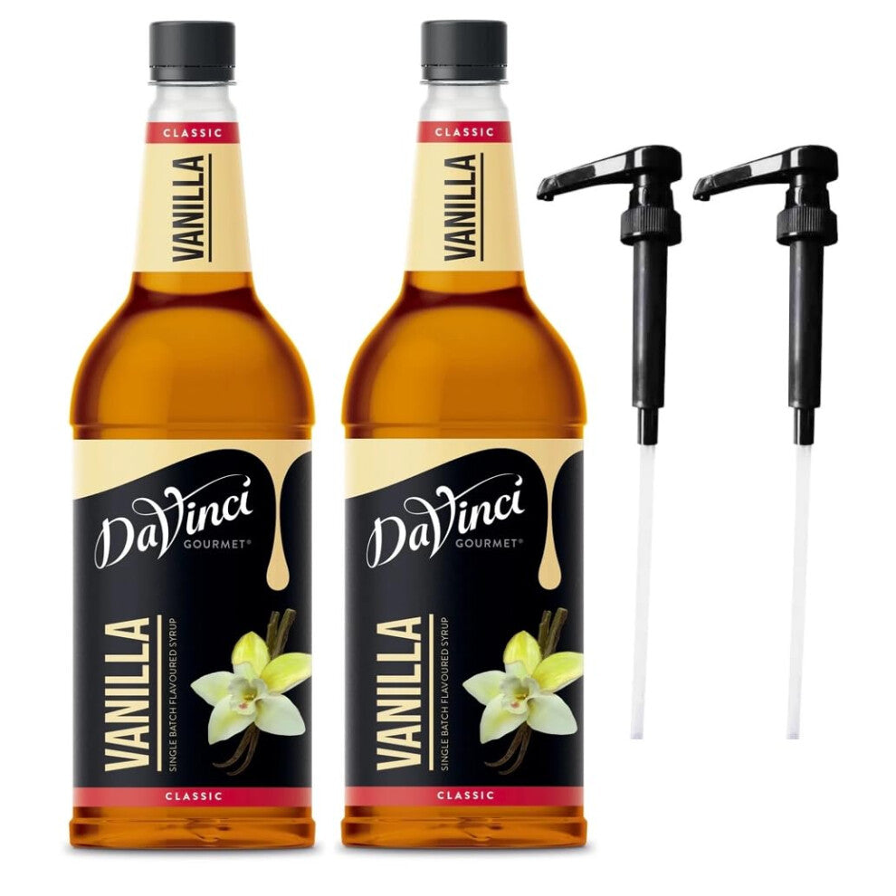 DaVinci Vanilla 1L (1000ML) Syrup for Coffee & Drinks with Pumps. (Pack of 2 Bottles With 2 Pumps)