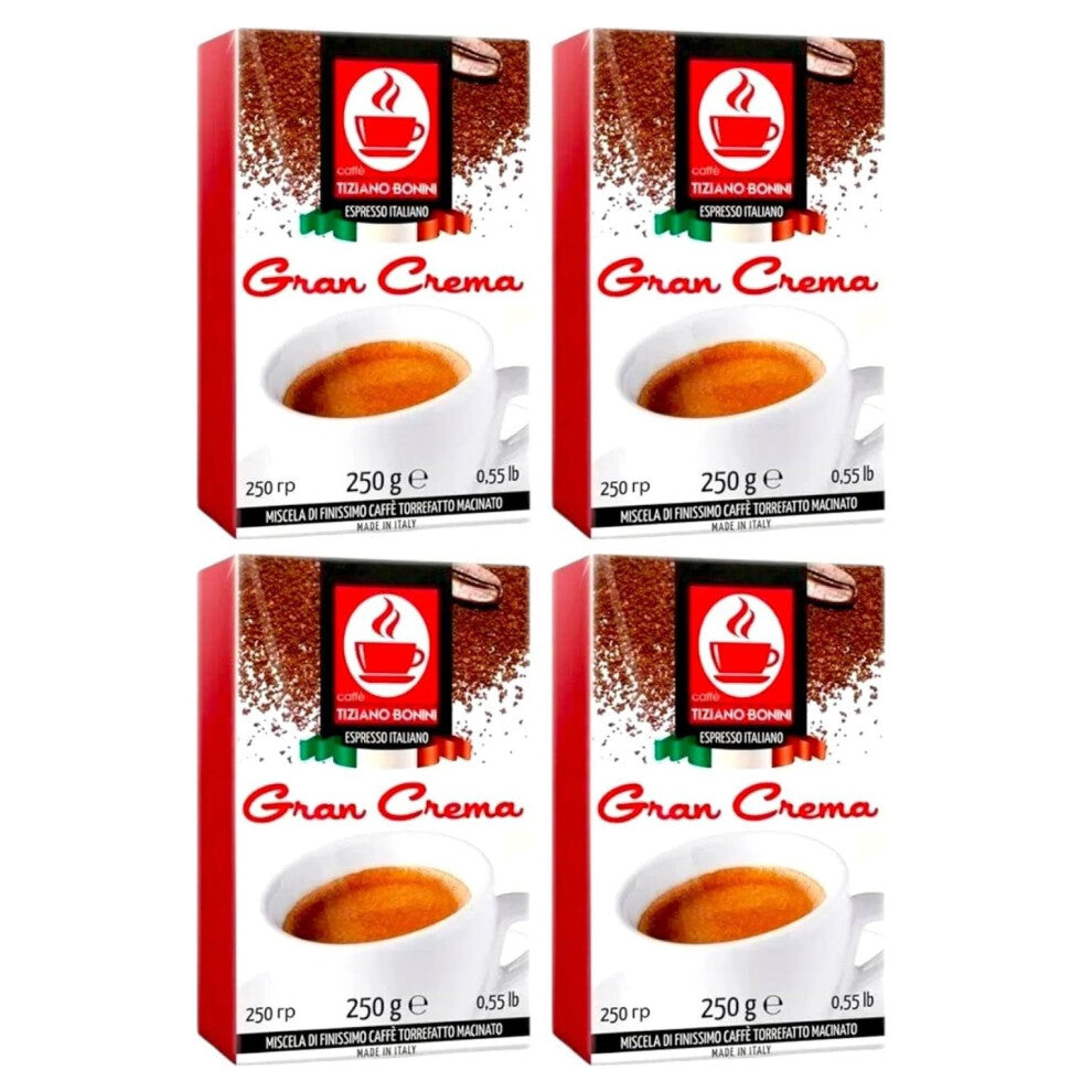 Bonini Gran Crema Ground Coffee – 4 x 250g Packs (1KG Total) – Italian Rich Espresso Blend with Cocoa & Hazelnut Notes
