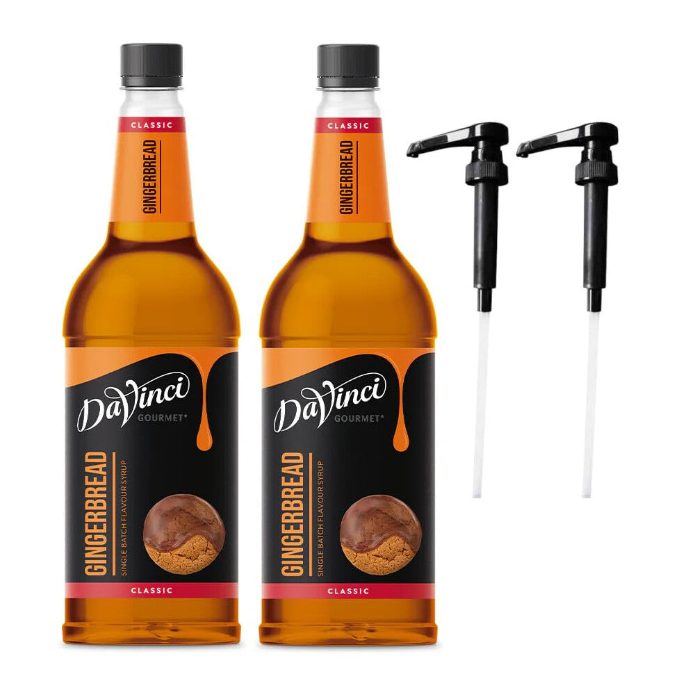 DaVinci Gingerbread 1L (1000ML) Syrup for Coffee & Drinks with Pumps. (Pack of 2 Bottles With 2 Pumps)