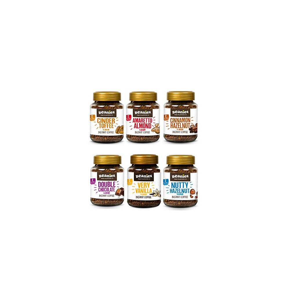 Beanies Flavoured Coffee 6 x 50g jars - Vanilla, Amaretto, Chocolate, Hazelnut, Cinnamon, Toffee,