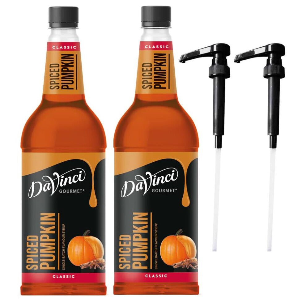DaVinci Spiced Pumpkin 1L (1000ML) Syrup for Coffee & Drinks with Pumps. (Pack of 2 Bottles With 2 Pumps)