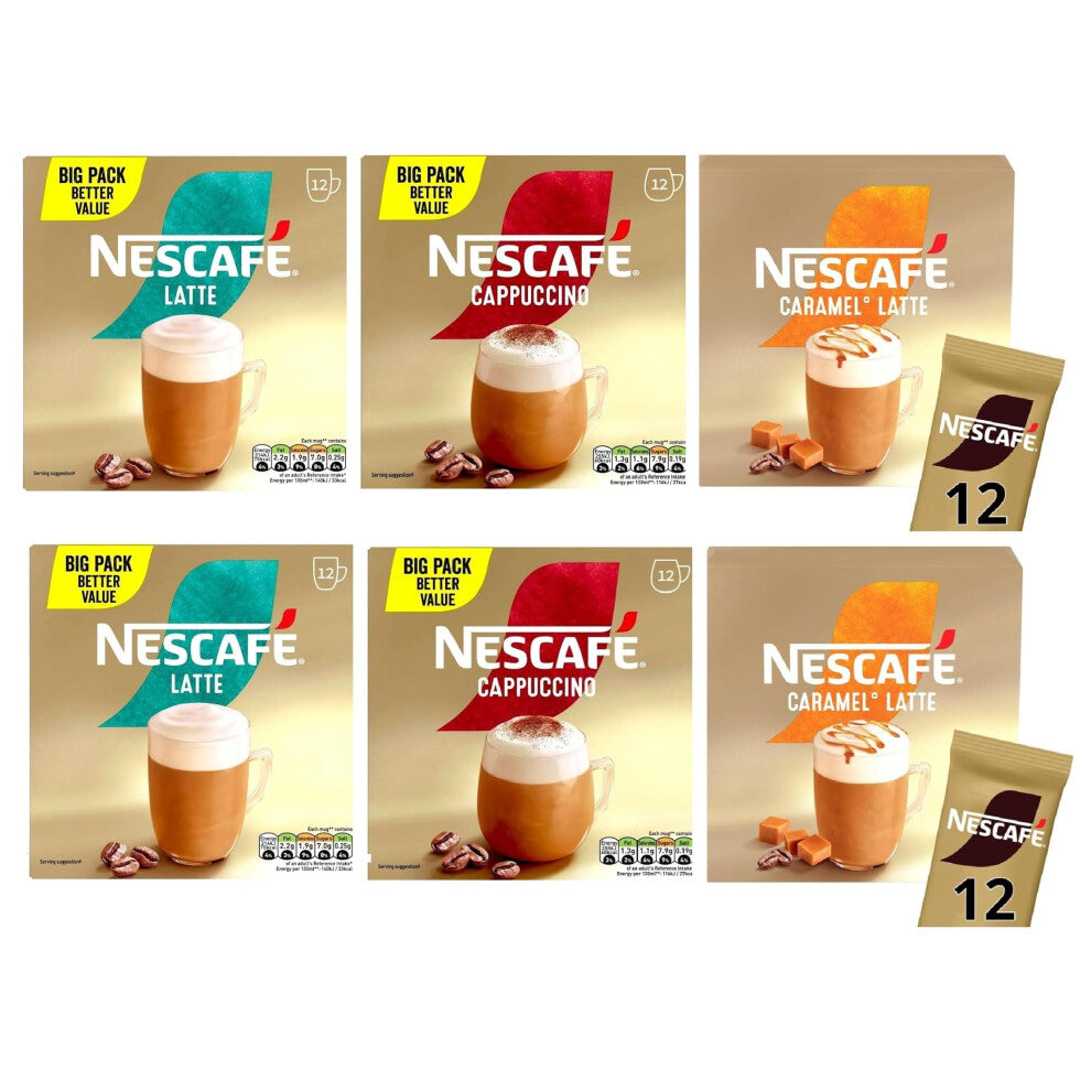 NESCAFÉ Variety Pack x12 Instant Coffee Sachets, Flavours inc. Cappuccino, Latte, Caramel Latte (Pack of 6, Total 72 Sachets)