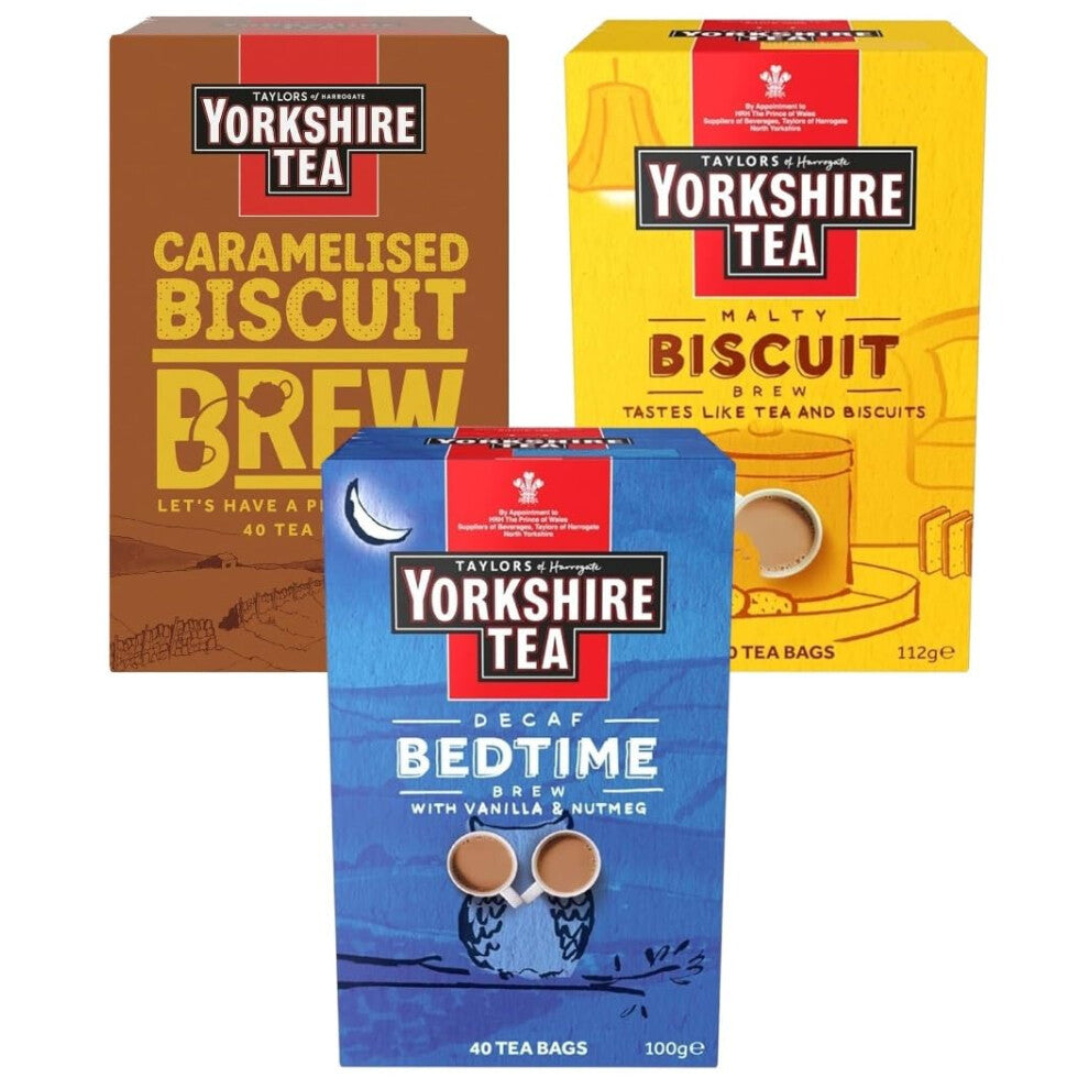 Yorkshire Tea Variety Pack x40 Tea Bags - Malty Biscuit, Decaf Bedtime, Caramelised Biscuit Brews (Pack of 3, Total 120 Tea Bags)