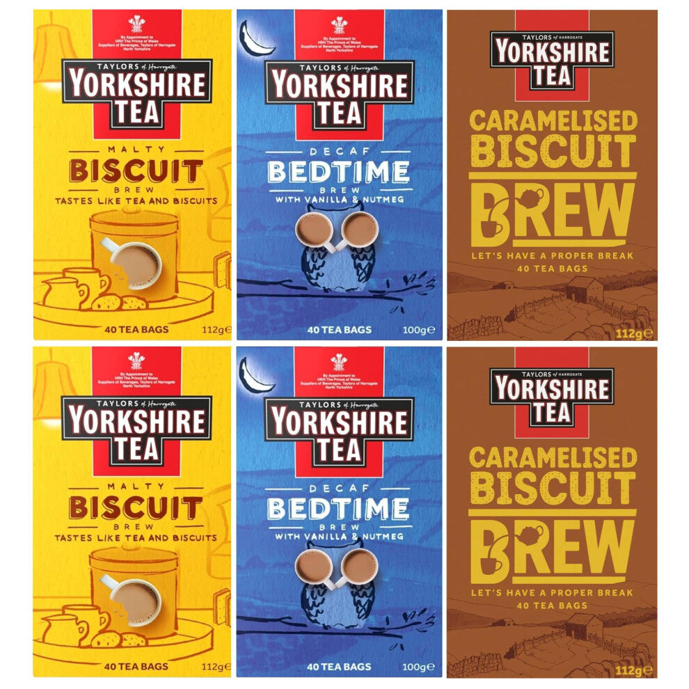 Yorkshire Tea Variety Pack x40 Tea Bags - Malty Biscuit Brew, Decaf Bedtime Brew and Caramelised Biscuit Brew (Pack of 6, Total 240 Tea Bags)