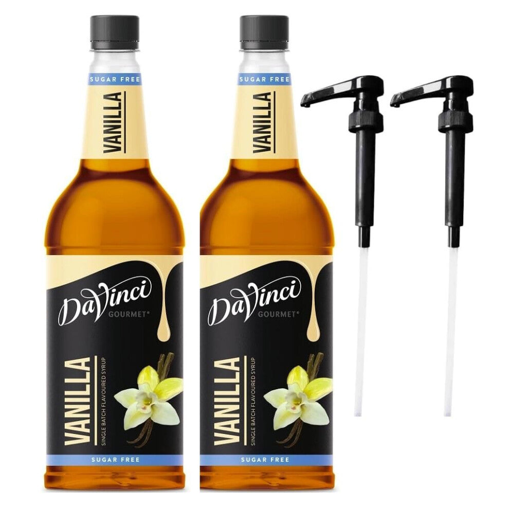 DaVinci SUGAR FREE Vanilla 1L (1000ML) Syrup for Coffee & Drinks with Pumps. (Pack of 2 Bottles With 2 Pumps)