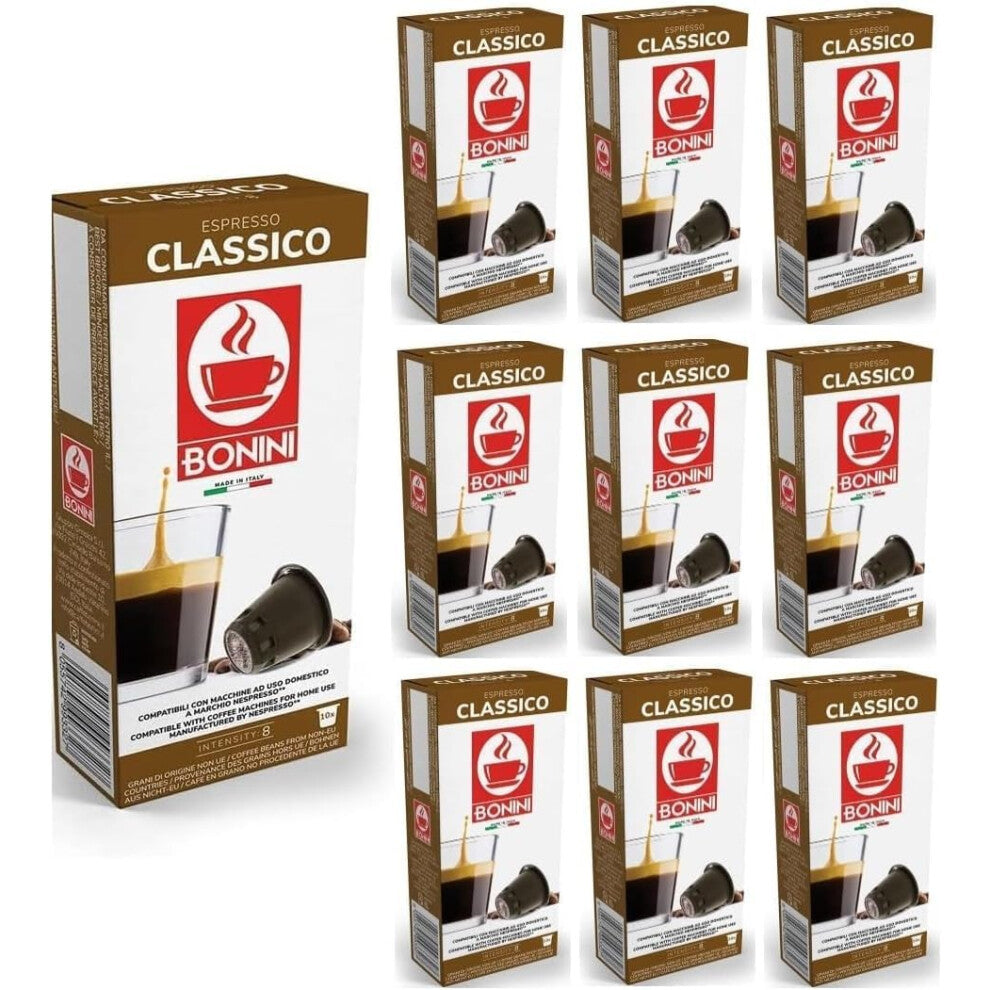 Bonini Classico Coffee Pods Compatible with Nespresso Coffee Machines,100% Italian coffee, Pack of 10 (Total 100 Pods)