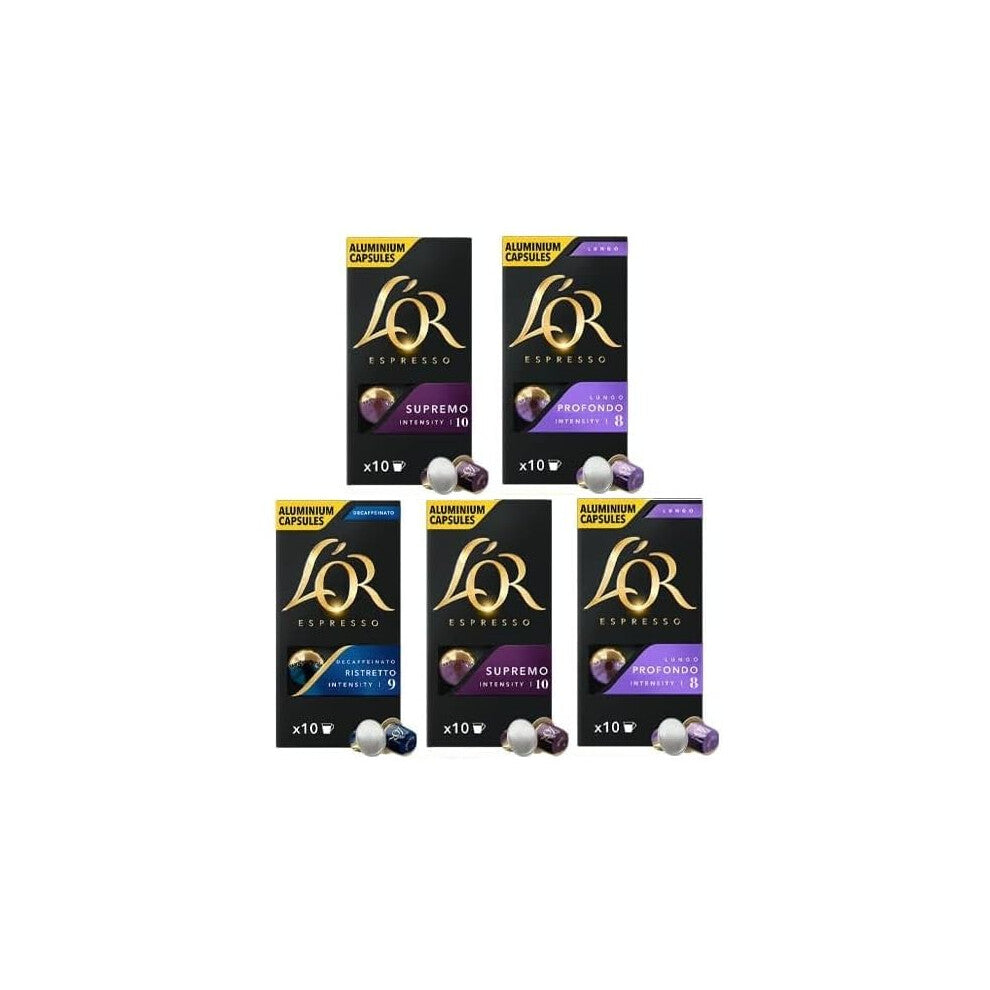 L'OR Nespresso Compatible Variety Pack Aluminium Coffee Capsules, Flavours inc. Supremo, Profondo, Espresso Ristretto Decaf, x10 (Pack of 5)