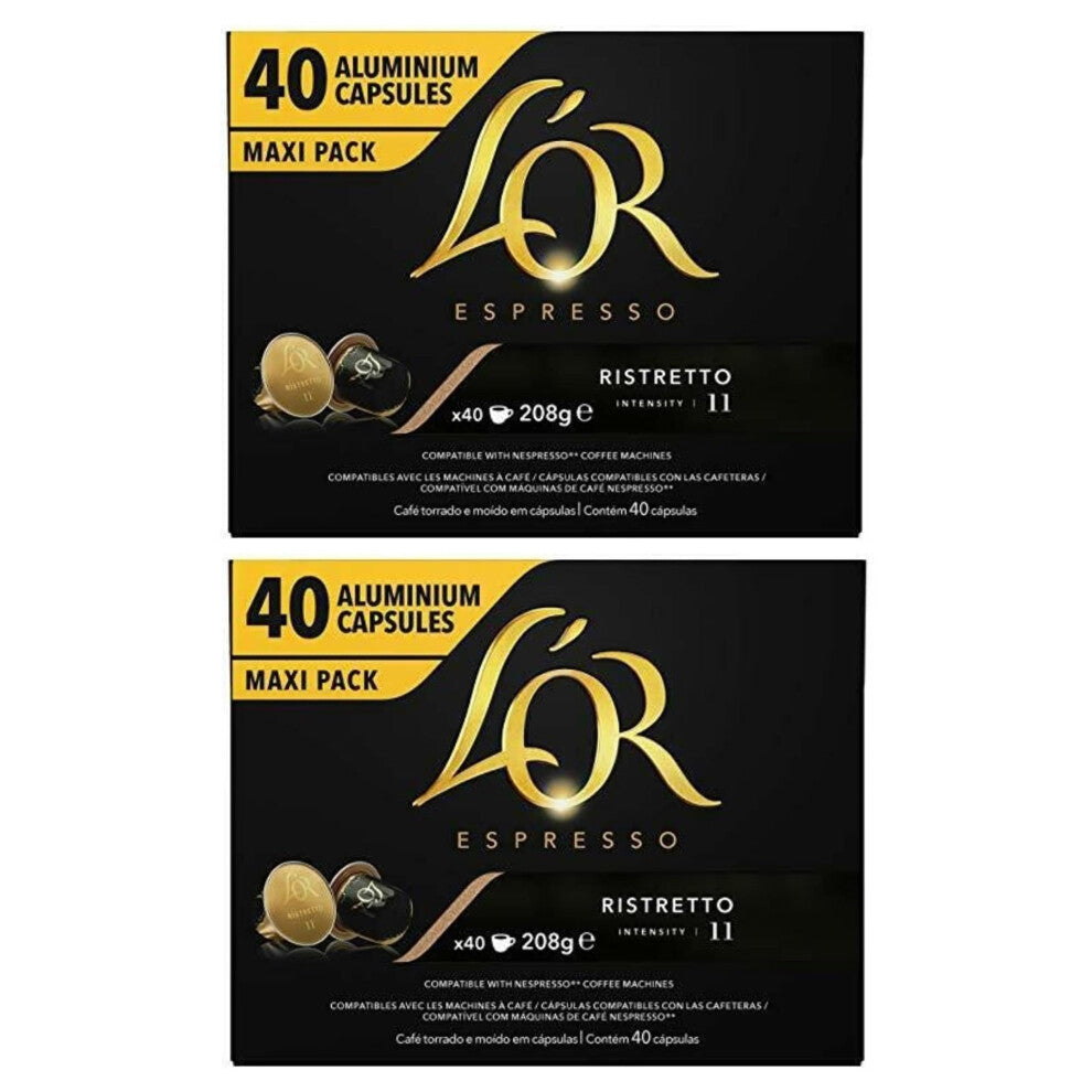 L'OR Espresso Ristretto Nespresso* Compatible Aluminium Coffee Capsules x40 (Pack of 2, Total 80 Pods)