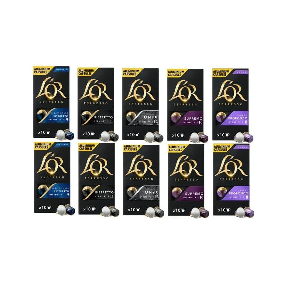 L'OR Nespresso Compatible Variety Pack Coffee Capsules, Flavours inc. Supremo, Profondo, Espresso Ristretto Decaf, Ristretto, Onyx, x10 (Pack of 10)