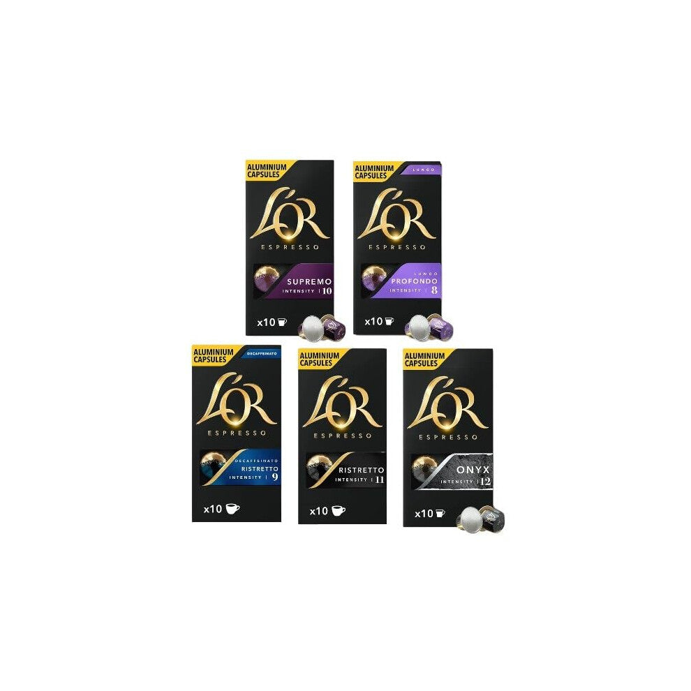 L'OR Nespresso Compatible Variety Pack Aluminium Coffee Capsules, Flavours inc. L'OR Supremo,Profondo, etc x10 (Pack of 5, Total 50 Pods)