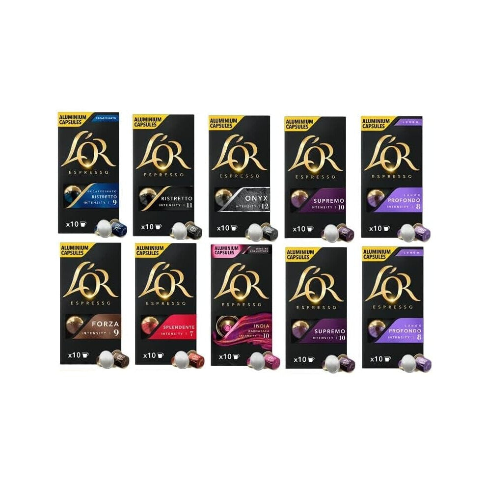 L'OR Nespresso Compatible Variety Pack Coffee Capsules, Flavours inc. Supremo, Profondo,etc x10 (Pack of 10, Total 100 Pods)