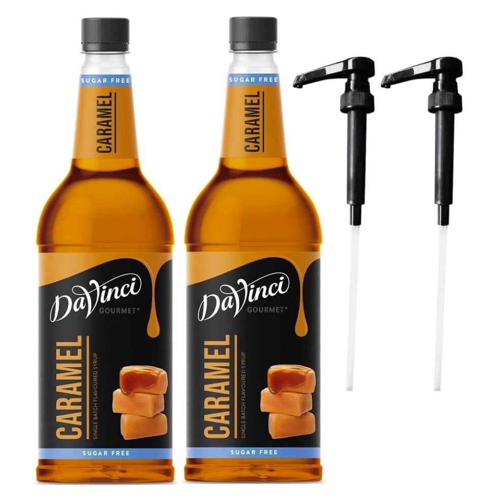 DaVinci SUGAR FREE Caramel 1L (1000ML) Syrup for Coffee & Drinks with Pumps. (Pack of 2 Bottles With 2 Pumps)
