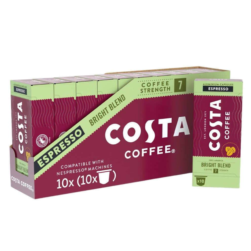 Costa Bright Blend Nespresso Compatible Aluminum Coffee Capsules (Pack of 10, Total 100 Pods)