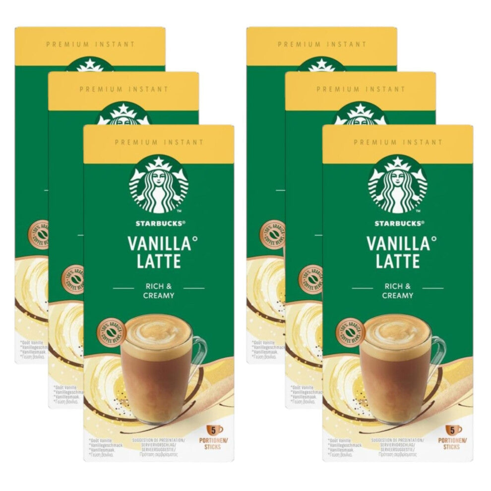 Starbucks Vanilla Latte Premium Instant Coffee, 5 Sachets (Pack of 6, Total 30 Sachets) – Smooth & Creamy Coffee with Vanilla Flavour