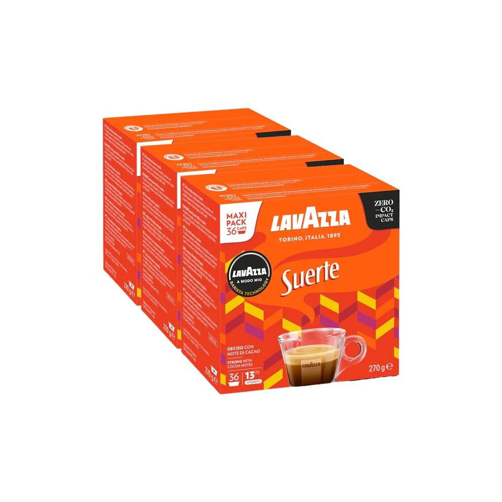 Lavazza A Modo Mio Espresso Suerte Coffee Pods x36 (Pack of 3, Total 108 Pods) - 100% Arabica Coffee