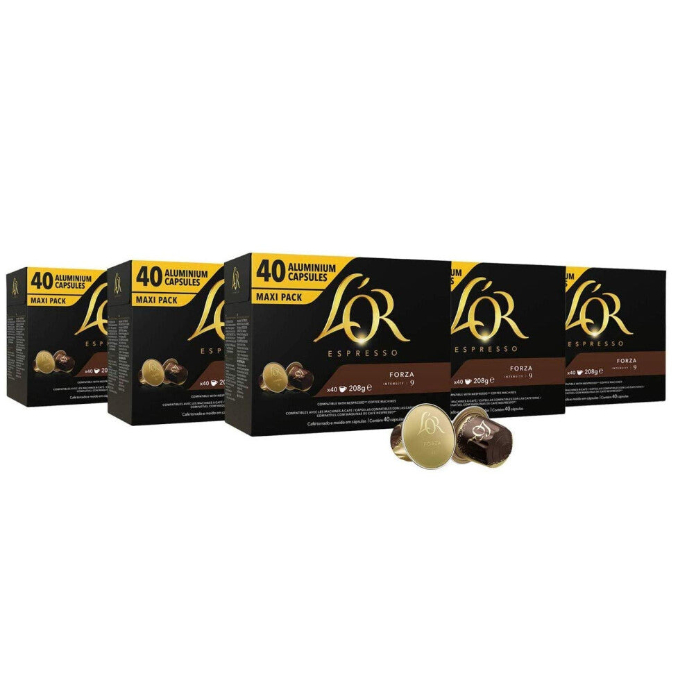 L'OR Espresso Coffee Forza Intensity 9 - Nespresso* Compatible Aluminium Coffee Capsules - 5 Packs of 40 Capsules (200 Drinks)
