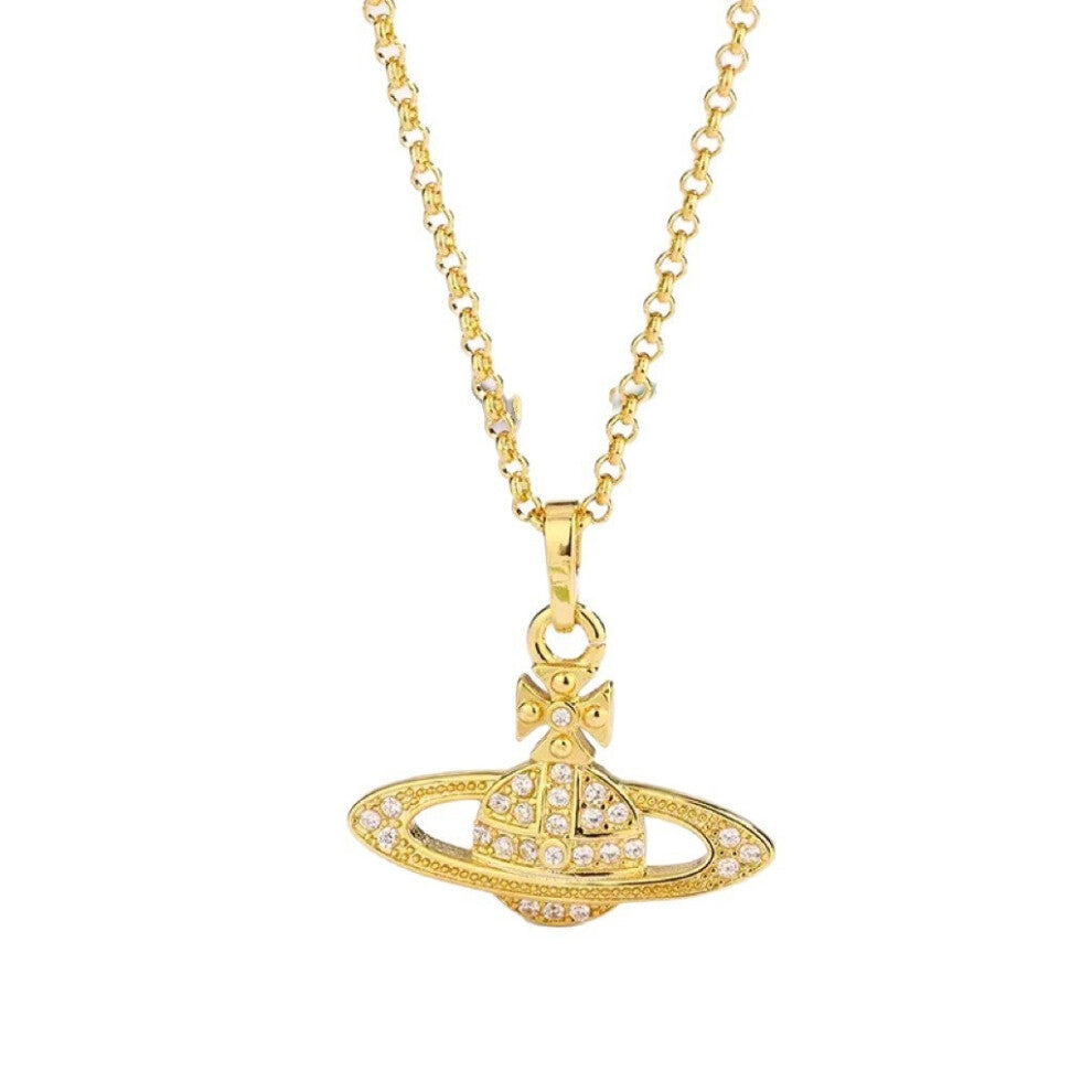 (Golden yellow) Diamond-encrusted flat Saturn necklace, classic Planet Saturn chain collarbone chain