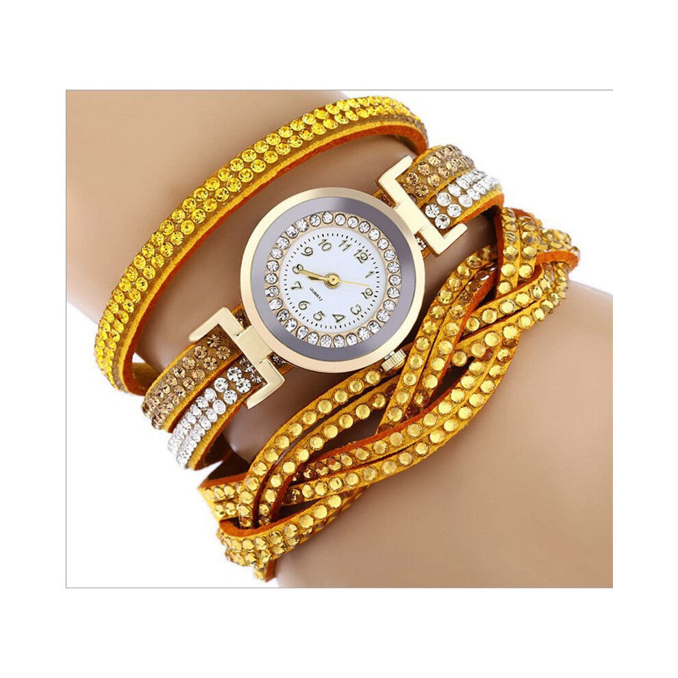 (Yellow) Watch Womens Fashion Bracelet Crystal Leather Dress Analog Watches Quartz Wrist