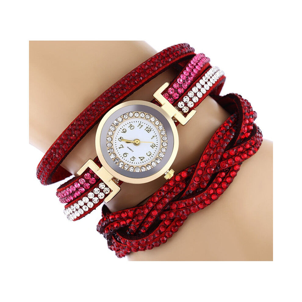 (Red) Watch Womens Fashion Bracelet Crystal Leather Dress Analog Watches Quartz Wrist