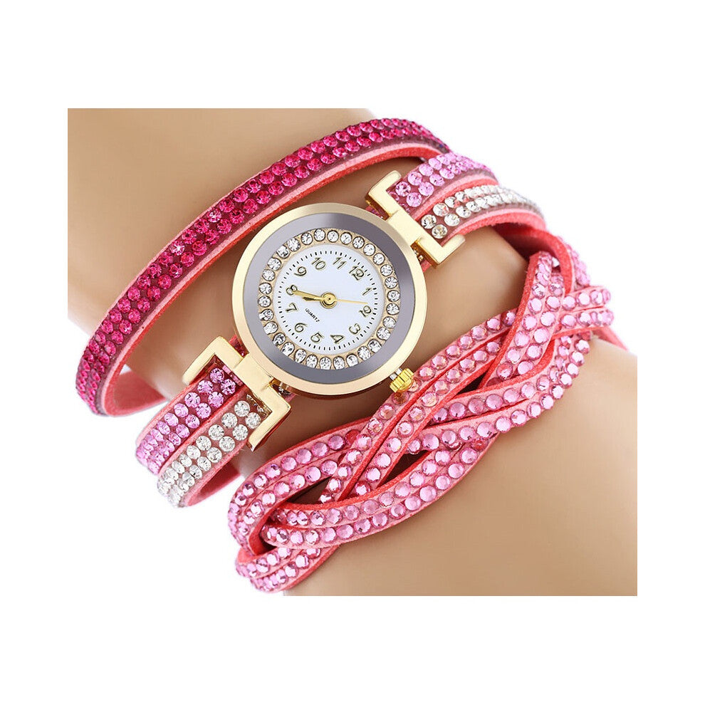 (Pink) Watch Womens Fashion Bracelet Crystal Leather Dress Analog Watches Quartz Wrist