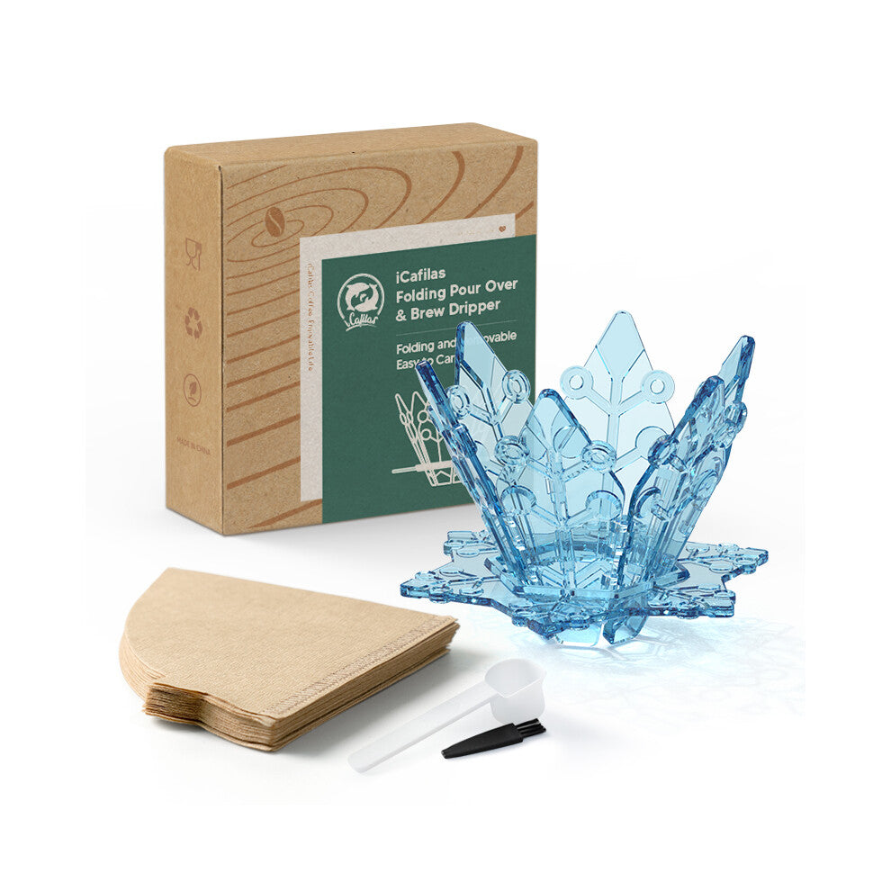 (Blue) ICAFILAS PA2306 Folding Pour Over & Brew Dripper Set with 40Pcs Filter Paper Tea Coffee Folding Filter Cup (No FDA,BPA-Free)