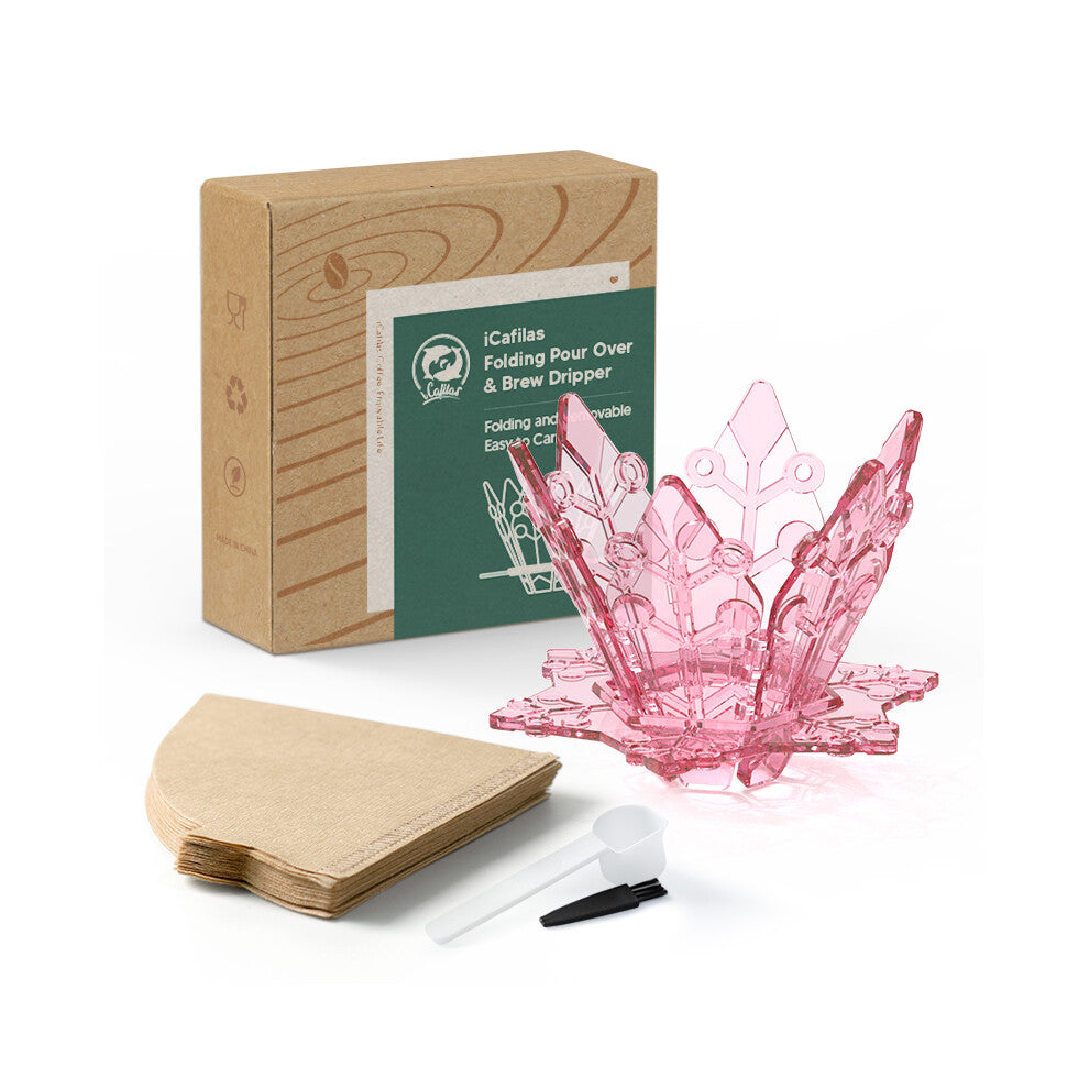 (Pink) ICAFILAS PA2306 Folding Pour Over & Brew Dripper Set with 40Pcs Filter Paper Tea Coffee Folding Filter Cup (No FDA,BPA-Free)