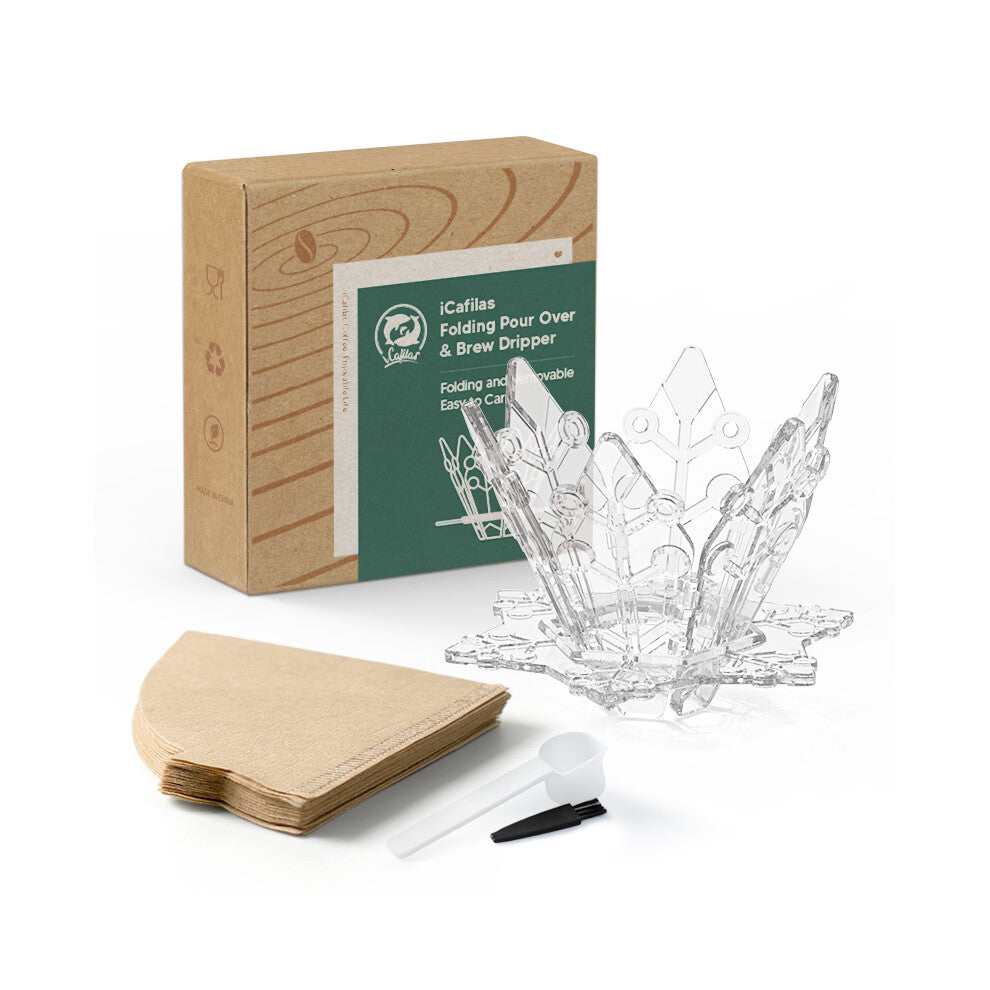 (Transparent) ICAFILAS PA2306 Folding Pour Over & Brew Dripper Set with 40Pcs Filter Paper Tea Coffee Folding Filter Cup (No FDA,BPA-Free)