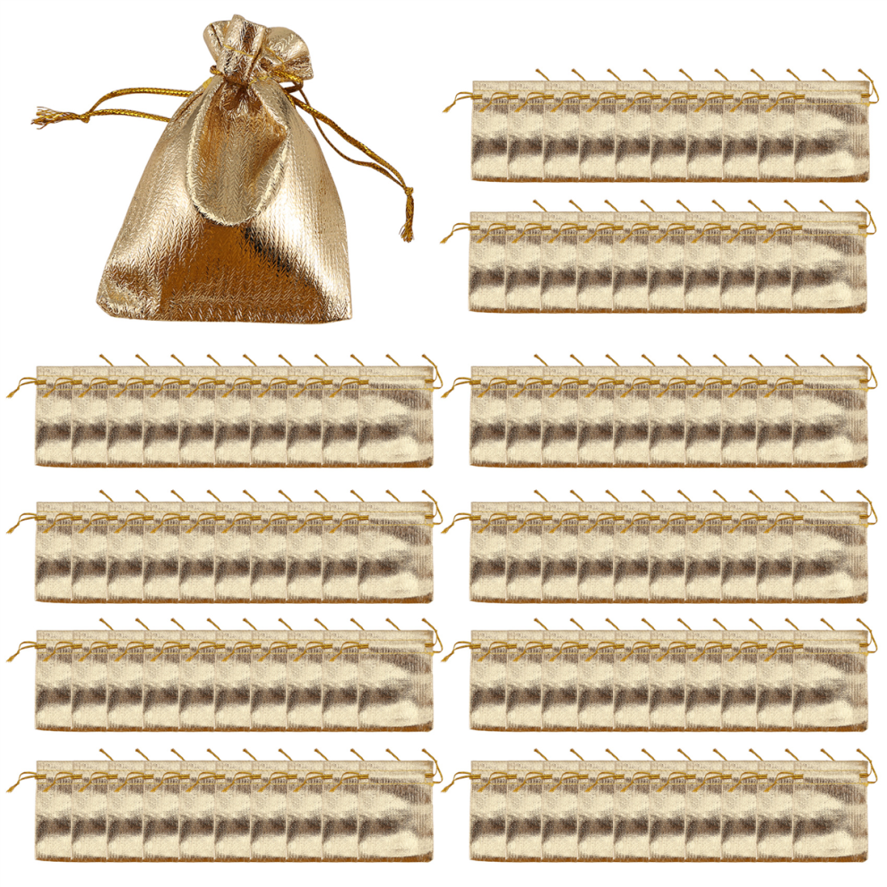 100Pcs Gold Foil Organza Bag Candy Gift Bags Wedding Party Favor Pouch Packaging Drawstring 7x9Cm