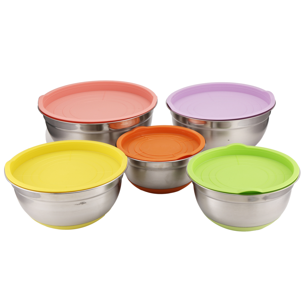 5Pcs Stainless Steel Mixing Bowls 18-26cm Diameter Metal Nesting with Colorful Airtight Lids Non-Slip Bottoms