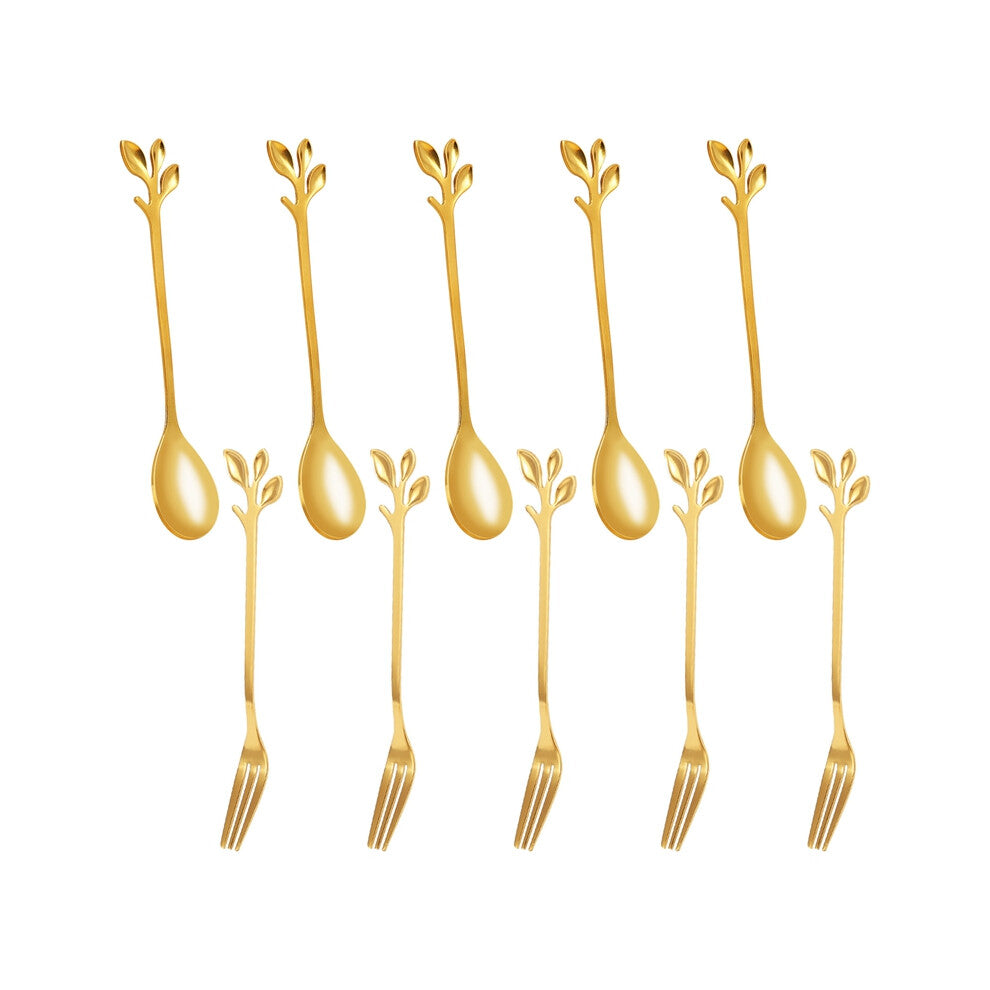 5Spoon+5Forks Stainless Steel Leaf Coffee Cake Spoon Fork Dessert Spoons, Stirring Teaspoon Set Golden