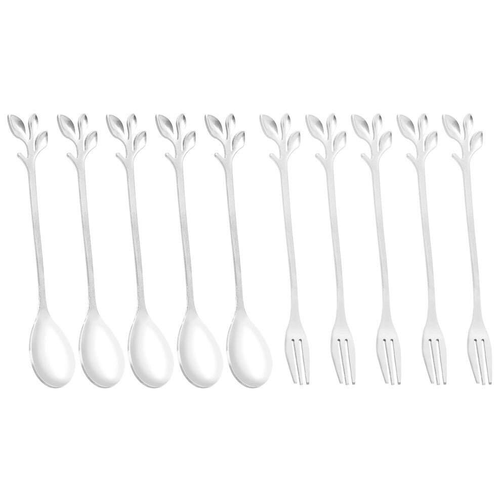 5Spoon+5Forks Stainless Steel Leaf Coffee Cake Spoon Fork Dessert Spoons, Stirring Teaspoon Set Silver