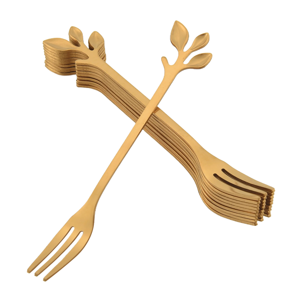 10 Pcs Stainless Steel Leaf Cake Fruit Forks Set Tasting Dessert Kitchen Accessory Wedding Party Golden