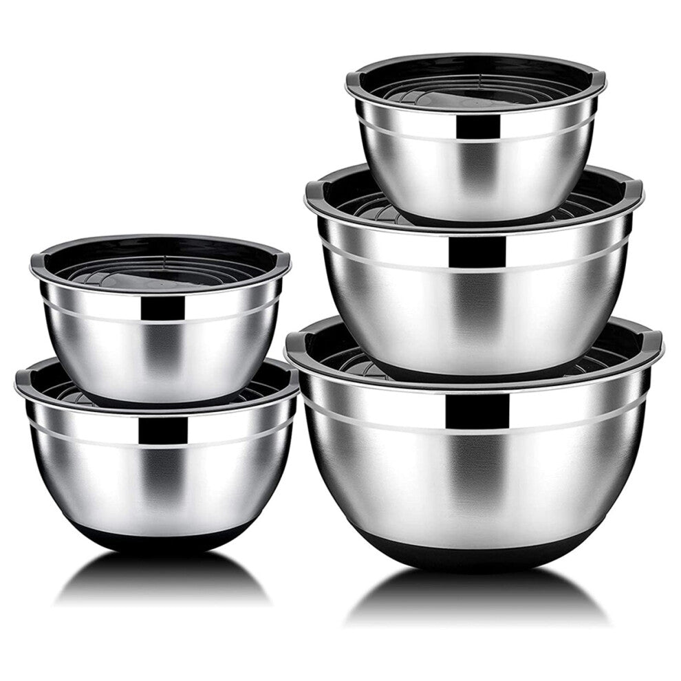 5 Pcs Mixing Bowl,Stainless Steel Salad Bowl with Airtight Lid&Non-Slip Base,Serving for Kitchen Cooking Baking,Etc