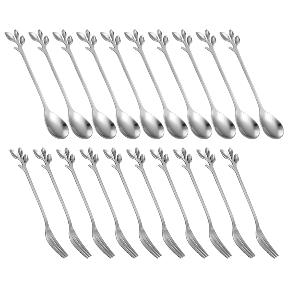 Dessert Spoon Fork Set,20 Pcs 4.7 Inch Cake Fork,Coffee Spoon, Silver Leaf Fruit Fork,(10 + 10 Fork)