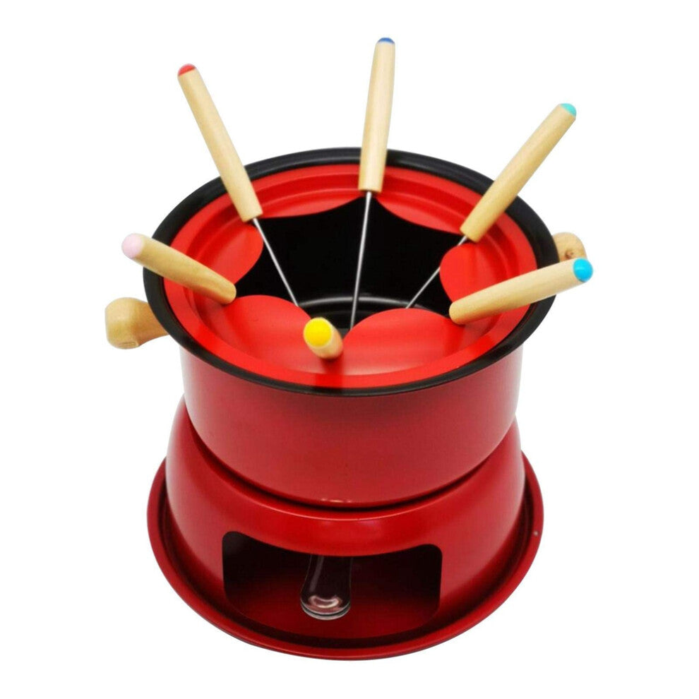 Red Mini Stainless Steel Fondue Pot Set Cheese Chocolate 6 Dipping Forks and Removable Melts Candy Sauce Dip