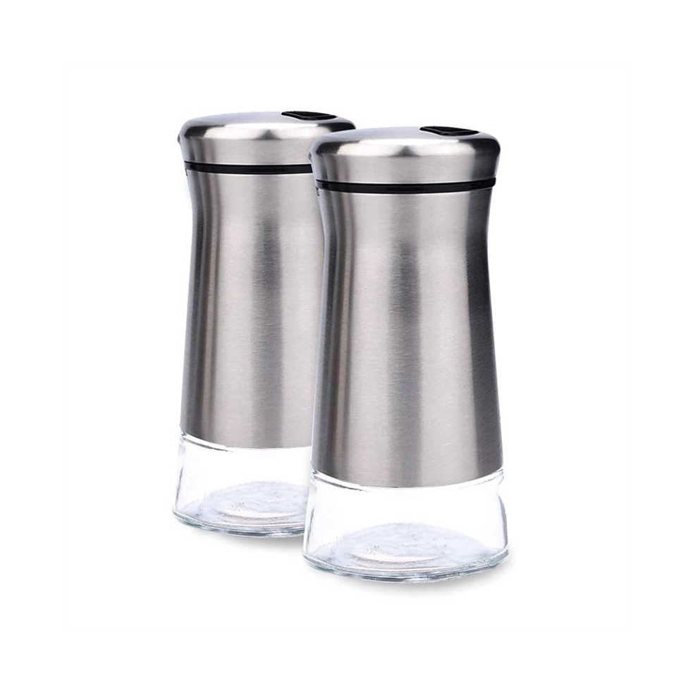 Stainless Steel Salt and Pepper Shakers Set with Glass Base Adjustable Holes