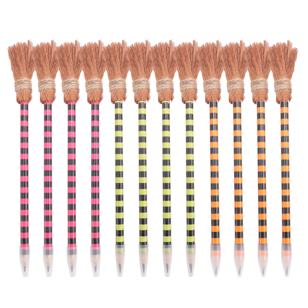 Halloween Witch Broom Pencil Colorful Pens Wizard Writing Pencils (12 Pieces)
