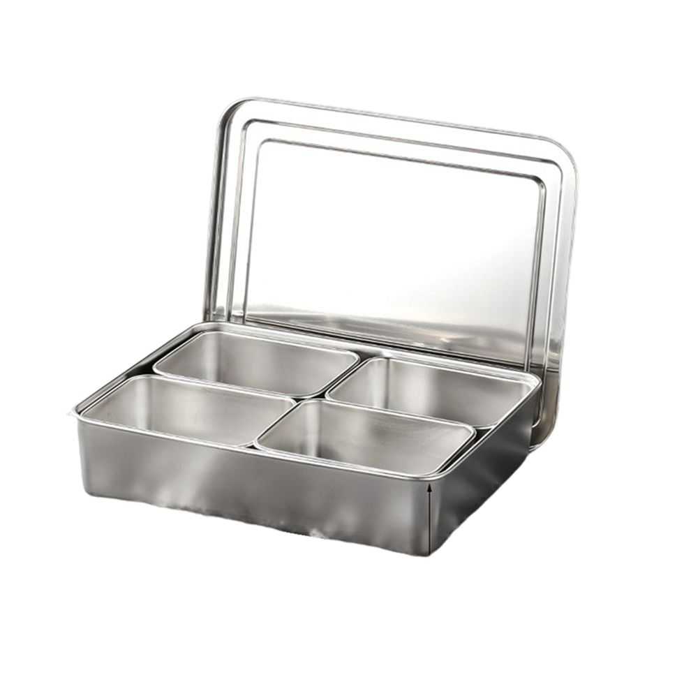 4 Grids Stainless Steel Seasoning Box with Lid Rectangle Hotel Household Spice Organizer Multifunction Kitchen Gadget