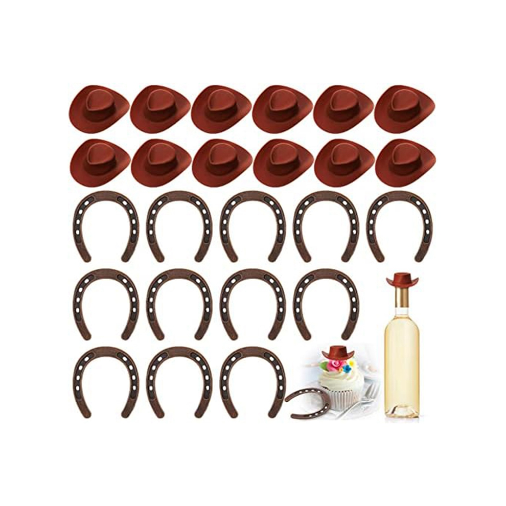 24 Pieces Western Theme Lucky Horseshoe Ornament and Mini Cowboy Hat Crafts Miniature Horse Shoes Wedding Gift Set